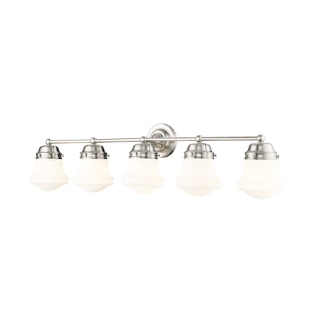 Z-Lite Vaughn Vanity, 5-Light, 7.75 In.W x 40.75 In.L x 9.5 In.H, Brushed Nickel/Matte Opal 735-5V-BN